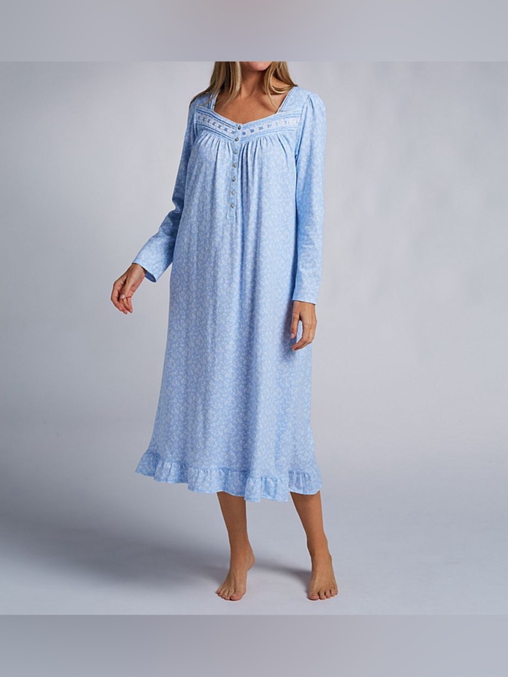 NWT EILEEN WEST BLUE FLORAL COTTON JERSEY LONG SLEEVE NIGHTGOWN  SIZE LARGE